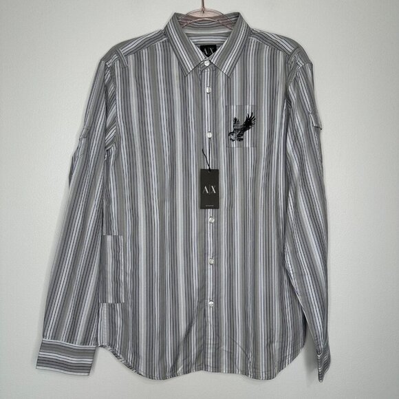 Armani Exchange Button up Dress Shirt Striped White Gray Eagle Medium - Picture 1 of 15